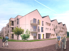 Wizualizacja przedstawia blok, a także spacerujących i jeżdżących na rowerach ludzi i zieleń - trawę i drzewa.