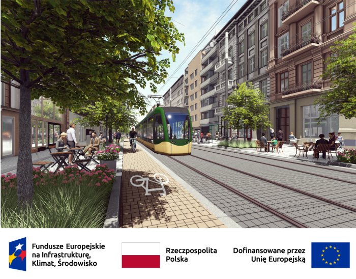 Wizualizacja ulicy Ratajczaka po przebudowie. Widok na nadjeżdżający z naprzeciwka zielony tramwaj. W tle kamienice i ścieżka rowerowa.