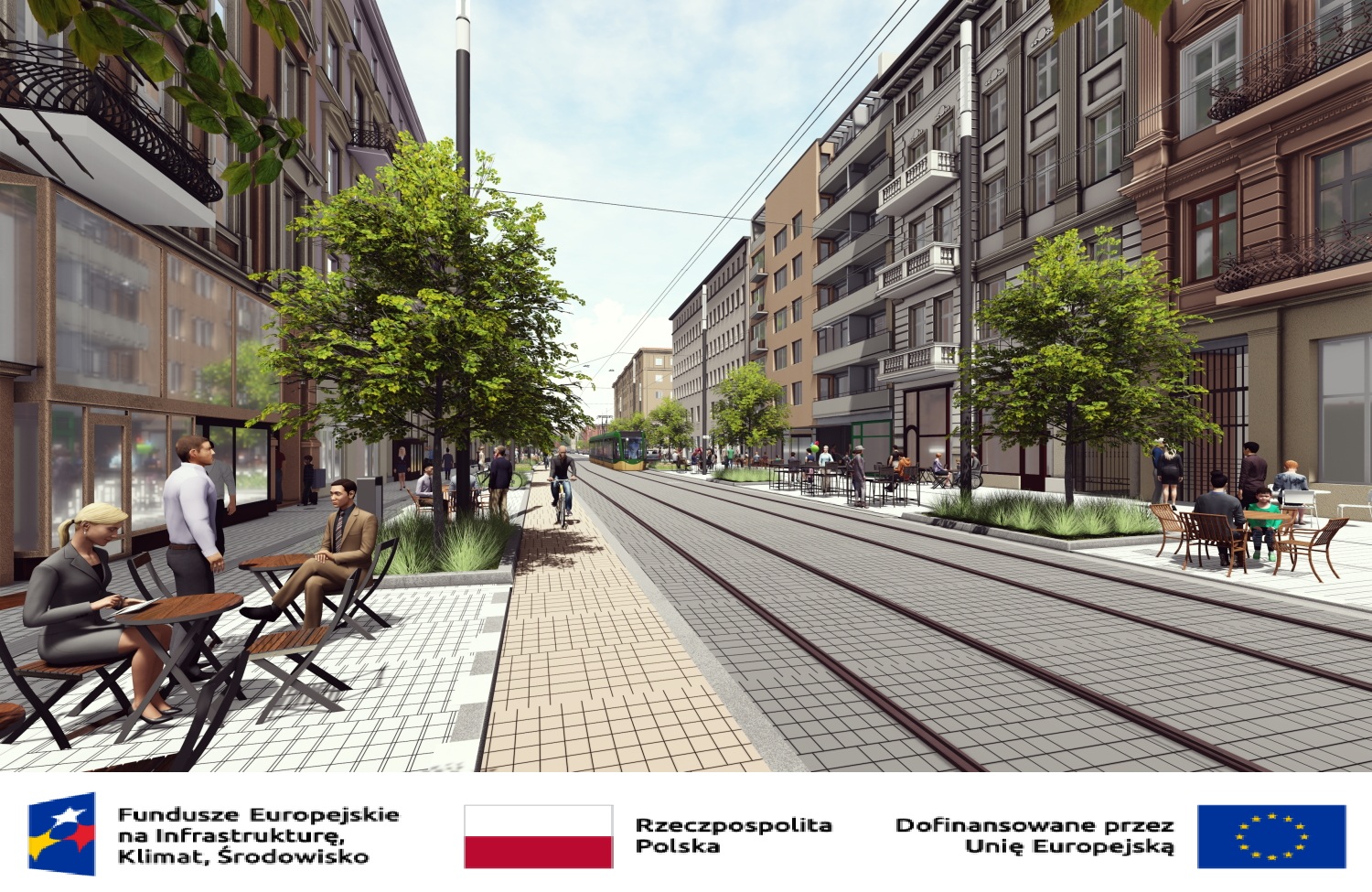 Wizualizacja ulicy Ratajczaka po przebudowie. Widok na tory tramwajowe. W tle kamienice i ścieżka rowerowa.