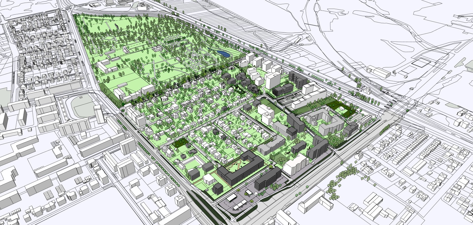 Wizualizacja urbanistyczna i model aksonometryczny przedstawiający koncepcję zagospodarowania terenu oraz nowej zabudowy mieszkaniowej.