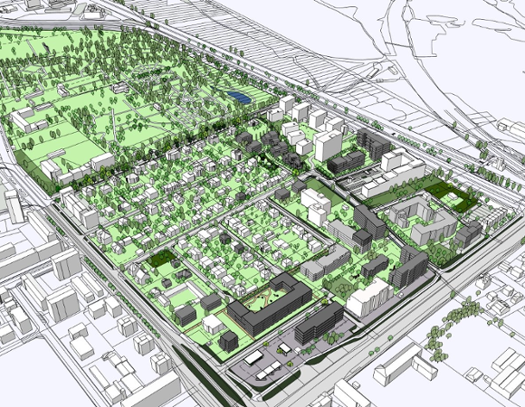 Wizualizacja urbanistyczna i model aksonometryczny przedstawiający koncepcję zagospodarowania terenu oraz nowej zabudowy mieszkaniowej.