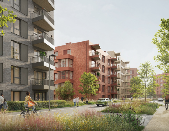 Wizualizacja: widać bloki, między nimi chodzą ludzie, wokół drzewa i trawniki