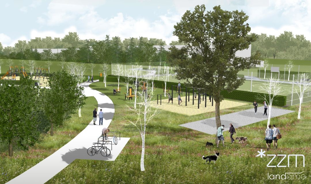 Wizualizacja: widać na niej siłownię zewnętrzną i ścieżkę spacerową, w tle wboisko