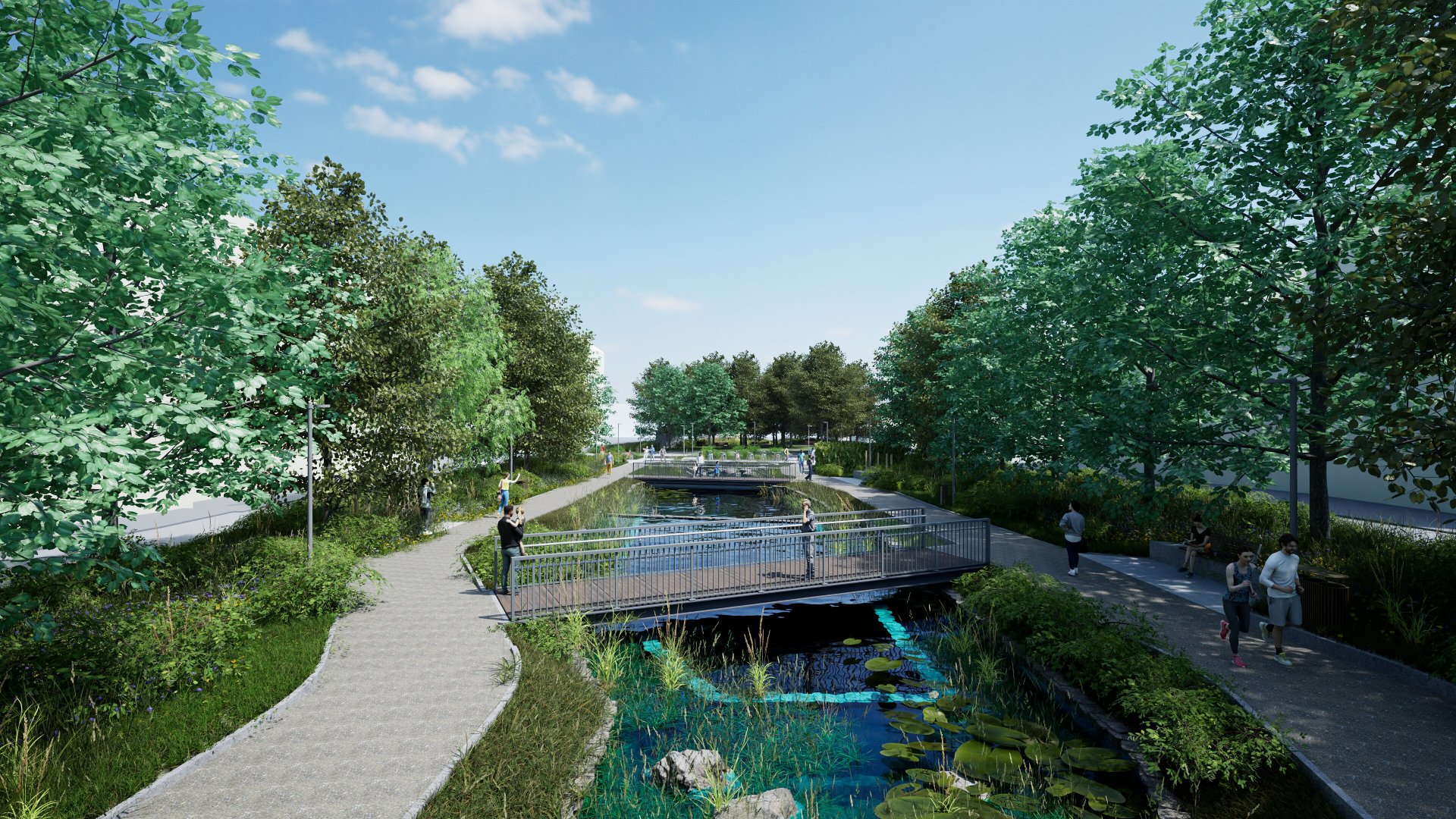 Wizualizacja: zielony teren, w centrum staw, przez który przechodzą mostki, wokół ludzie i drzewa