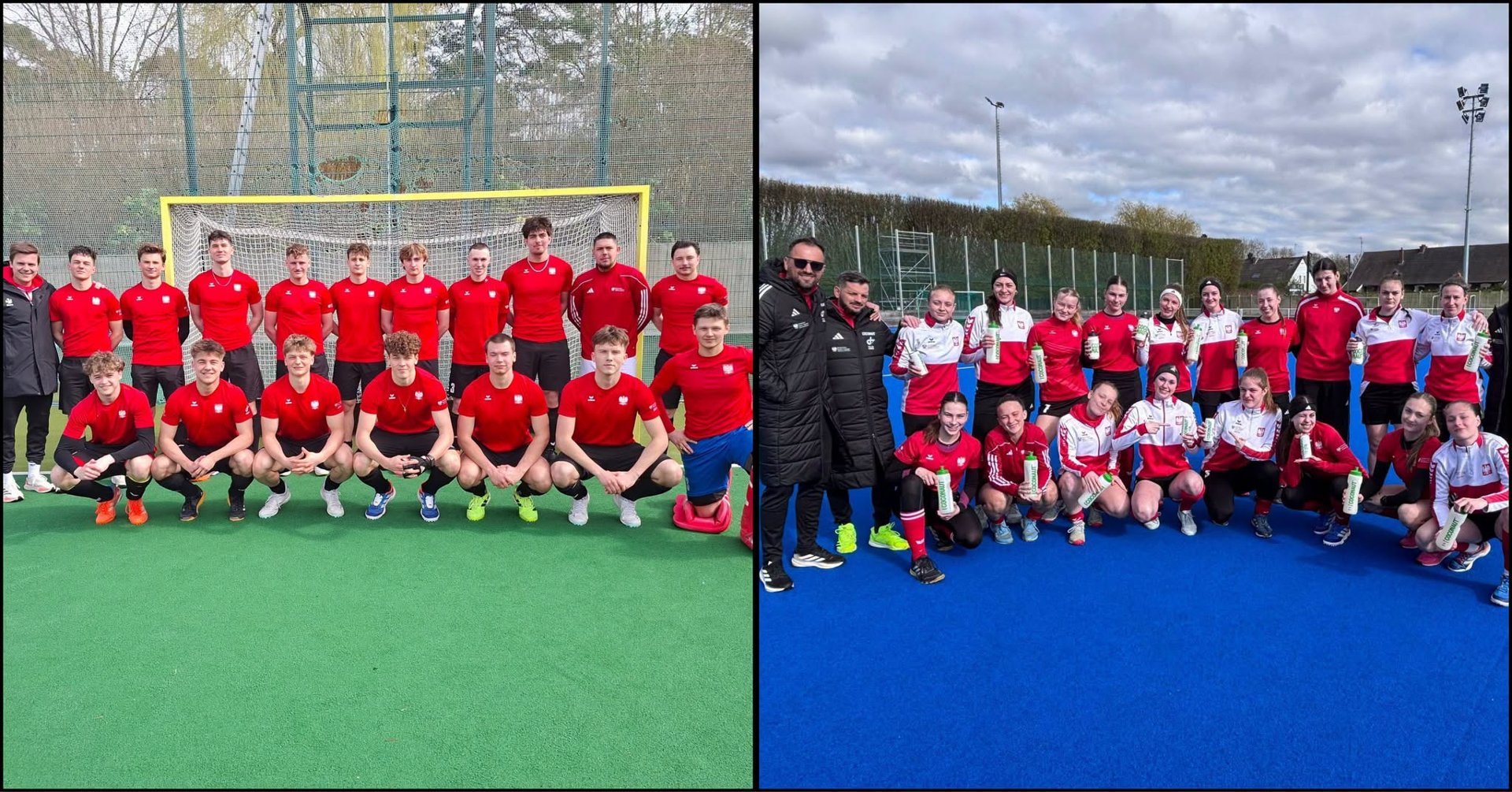 Wspólne zdjęcia reprezentacji Polski kobiet i mężczyzn U21 w hokeju na trawie, fot. Polski Hokej na Trawie - 2 zbiorowe zdjęcia drużyn męskiej i kobiecej na boisku do hokeja na trawie