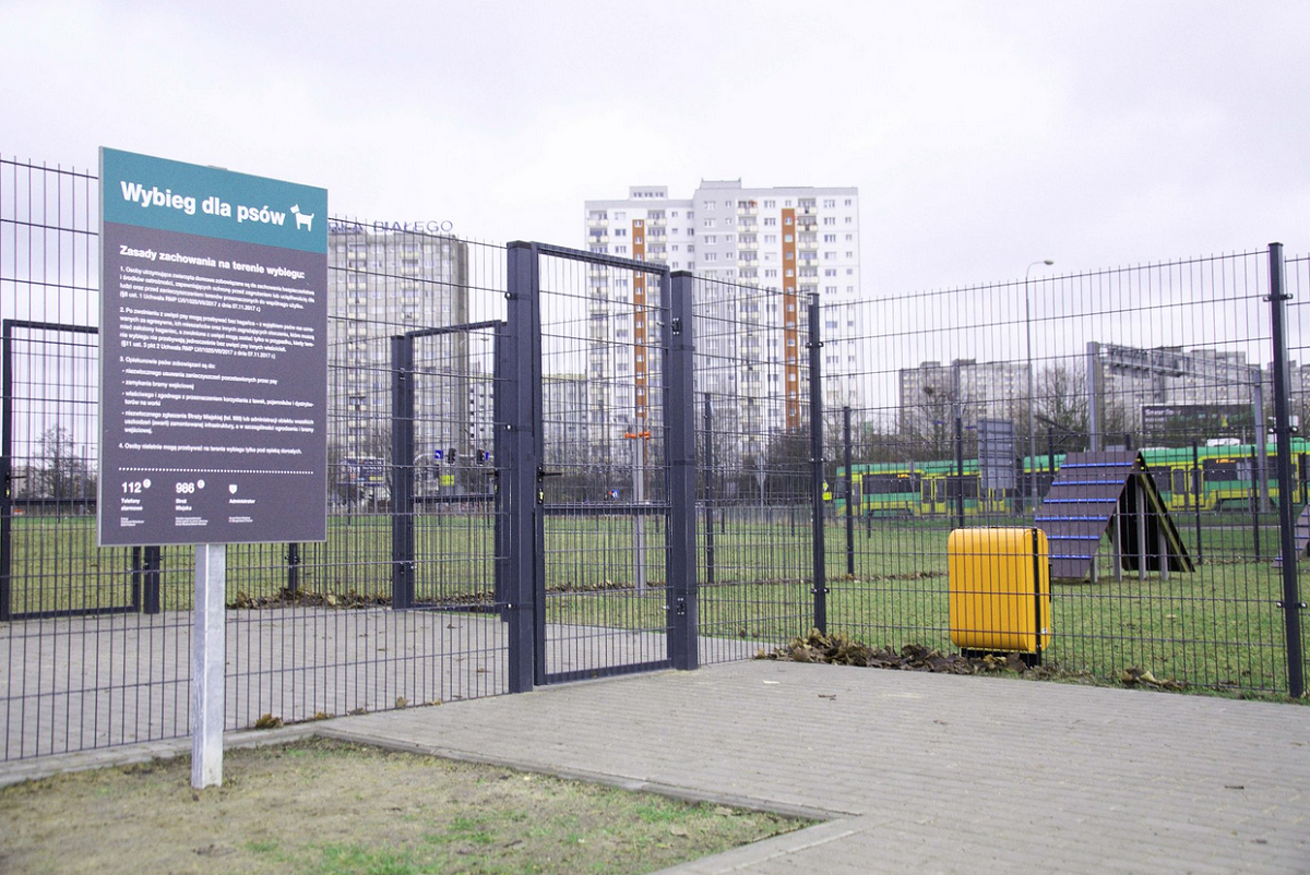 wybieg dla psów ogrodzony płotem siatką, przed wybiegiem tablica informacyjna, w oddali widac wysokie bloki mieszkalne