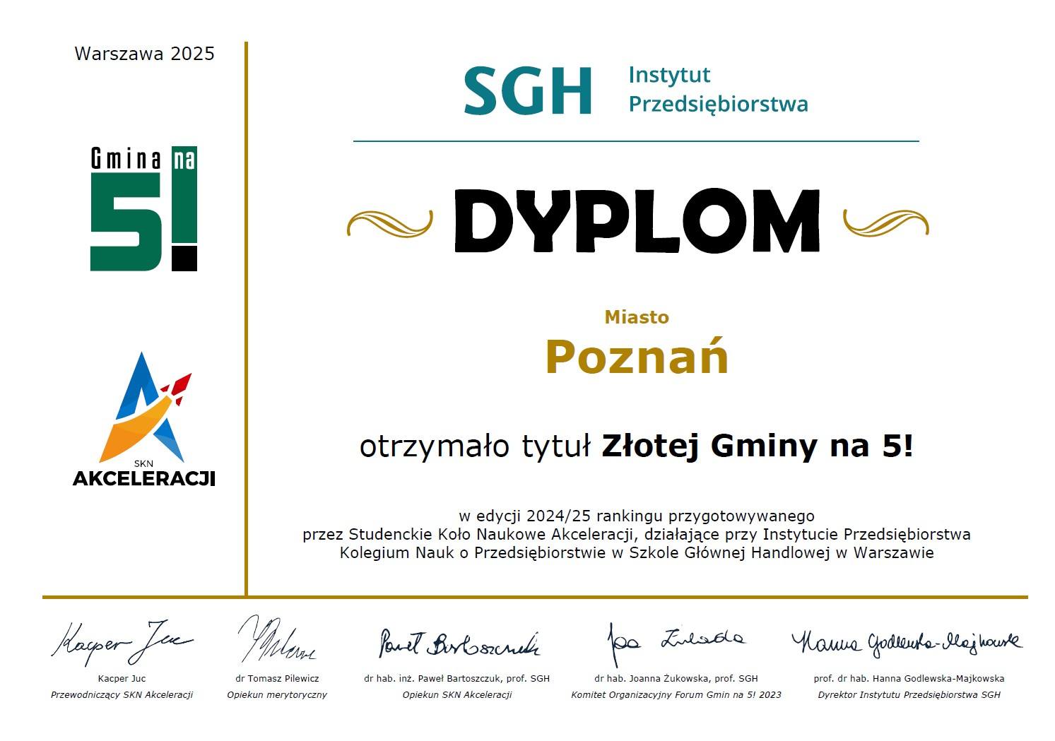Zdjęcie dyplomu "Złota Gmina na 5!"