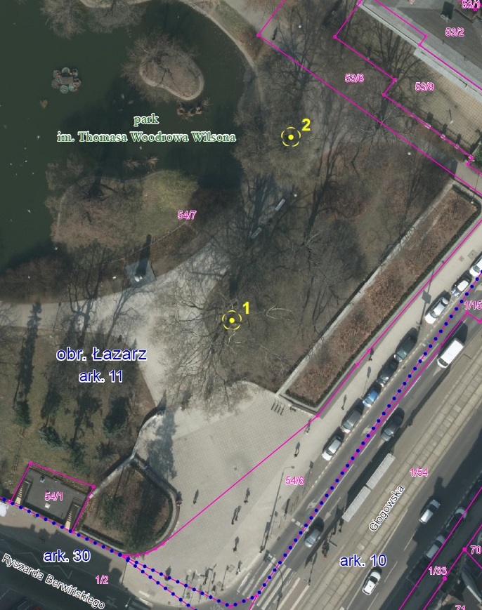 zdjęcie lotnicze przedstawiające fragment parku, na zdjęciu zaznaczono drzewa pomniki przyrody