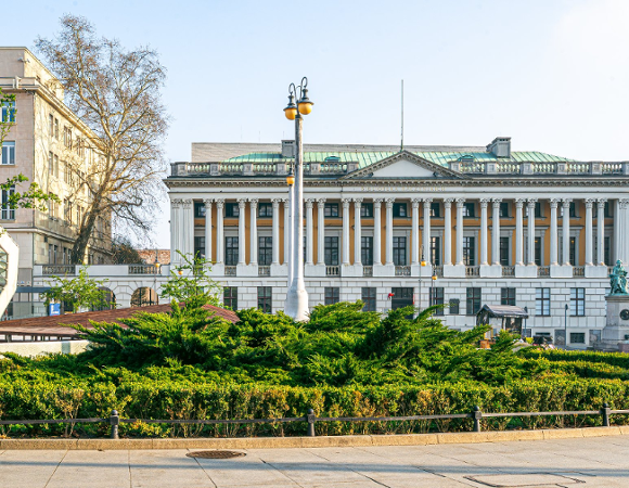 Zdjęcie przedstawia budynek biblioteki i zieleń na Placu Wolności.