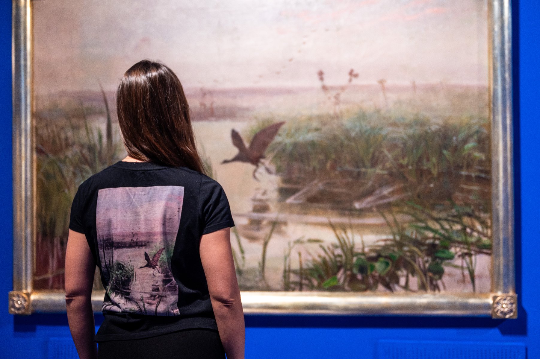 Zdjęcie przedstawia dziewczynę stojącą przed obrazem przedstawiającym jezioro i lecącego nad nim ptaka. Dziewczyna stoi tyłem do aparatu. Na jej koszulce znajduje się ten sam obraz.