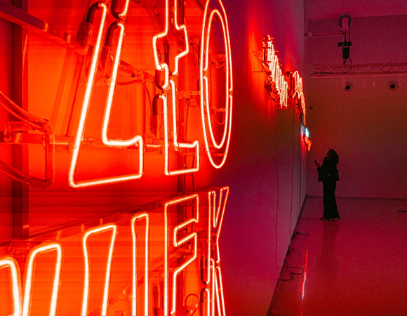 Zdjęcie przedstawia dziewczynę stojącą przy ścianie, na której umieszczonych jest kilka neonów.