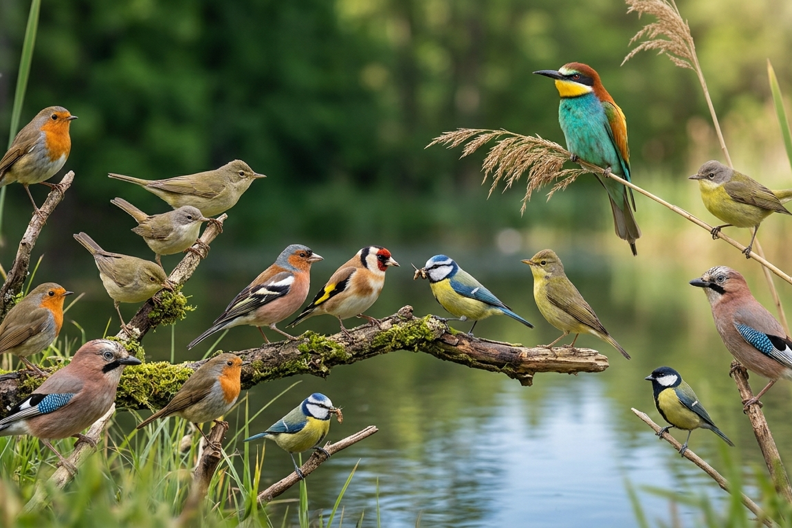 Zdjęcie przedstawia niezwykle barwną i liczną grupę ptaków różnych gatunków, zgromadzonych na gałęziach nad brzegiem zbiornika wodnego. Na pierwszym planie widać m.in. rudziki, modraszki (jedna z nich trzyma owada w dziobie), szczygła oraz ziębę. Po prawej stronie, na wyższej trzcinie, wyróżnia się żołna o jaskrawym, turkusowo-brązowym upierzeniu. W kompozycji pojawiają się także większe ptaki, jak sójki.