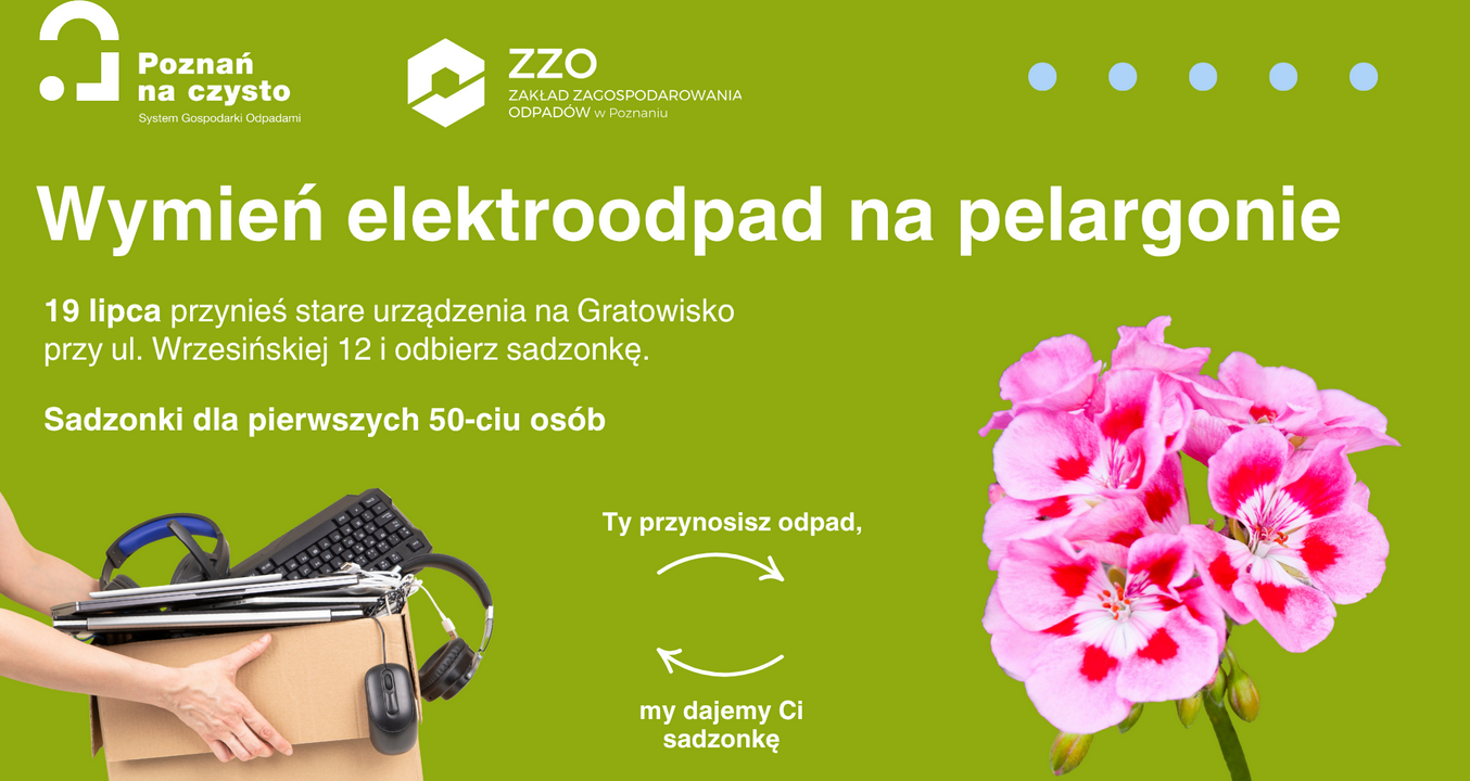 zdjęcie przedstawia ręce trzymające karton z elektroodpadami oraz kwiat pelargonii jest to plakat promujący wydarzenie "Wymień elektroodpady na pelargonie"