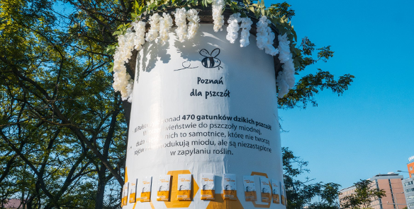 Zdjęcie przedstawia słup informacyjny przyozdobiony kwiatami oraz poprzyczepiane do niego torebki z nasionkami. Na słupie jest też rysunek pszczoły, napis Poznań dla pszczół oraz informacja o pszczołach.