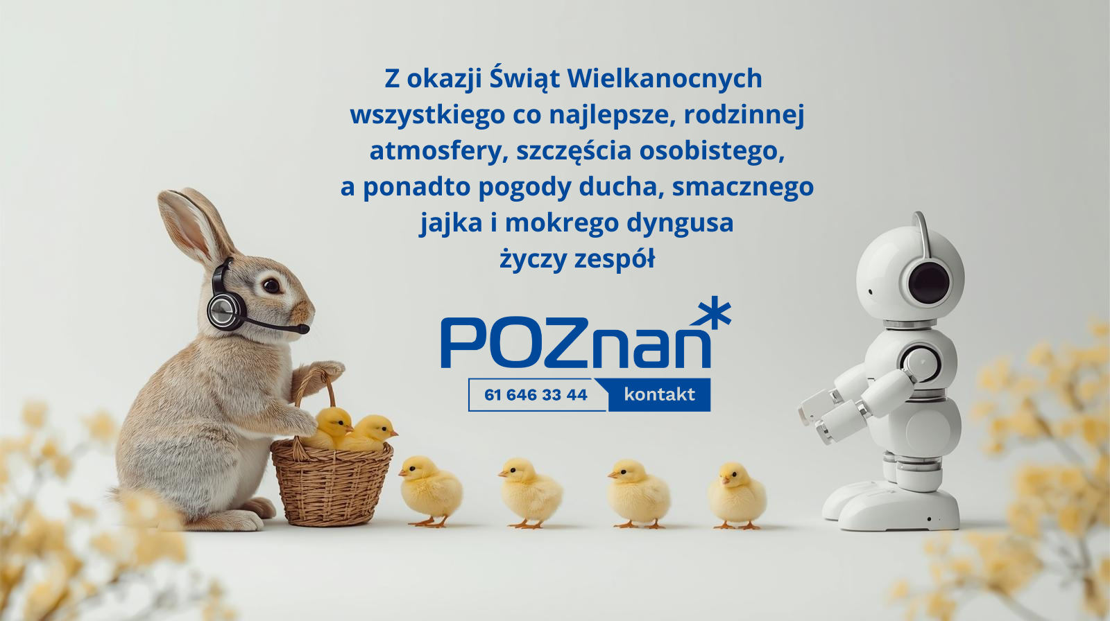 Zdjęcie przedstawia zająca z koszyczkiem piskląt oraz robota na szarym tle oraz tekst i logo Biura Poznań Kontakt
