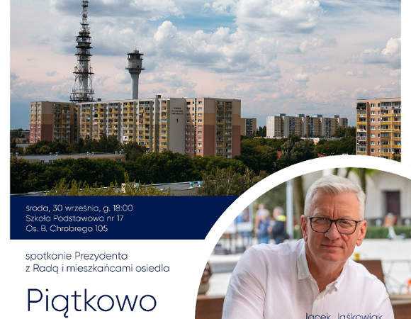 Zdjęcie przedstawia zdjęcie prezydenta i bloków oraz informacje o spotkaniu.