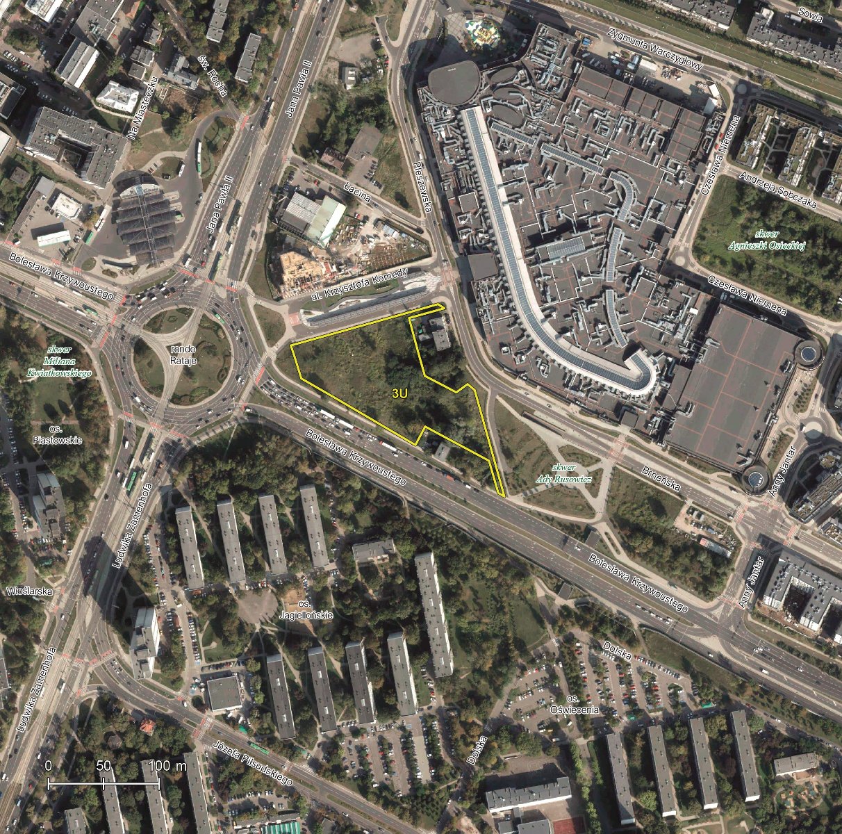 zdjęcie satelitarne nieruchomości z obrysem