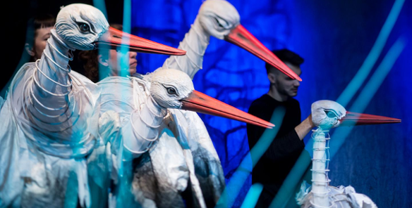 Zdjęcie ze spektaklu przedstawiającego bociany