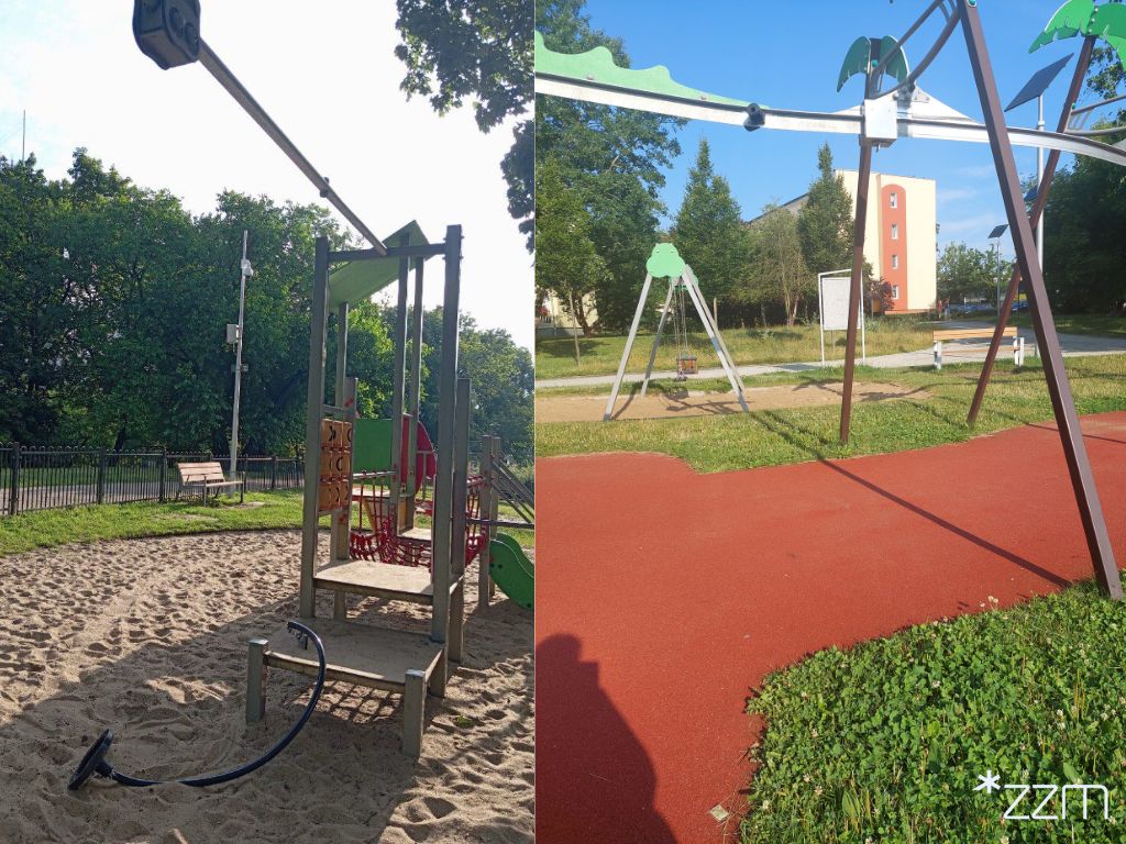 Zniszczona tyrolka w Parku Bambrów Poznańskich