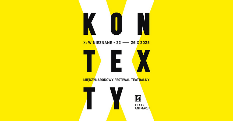 Żółte tło, na środku duża, biała litera "X". Na pierwszym planie nazwa wydarzenia, data oraz logo Teatru Animacji.