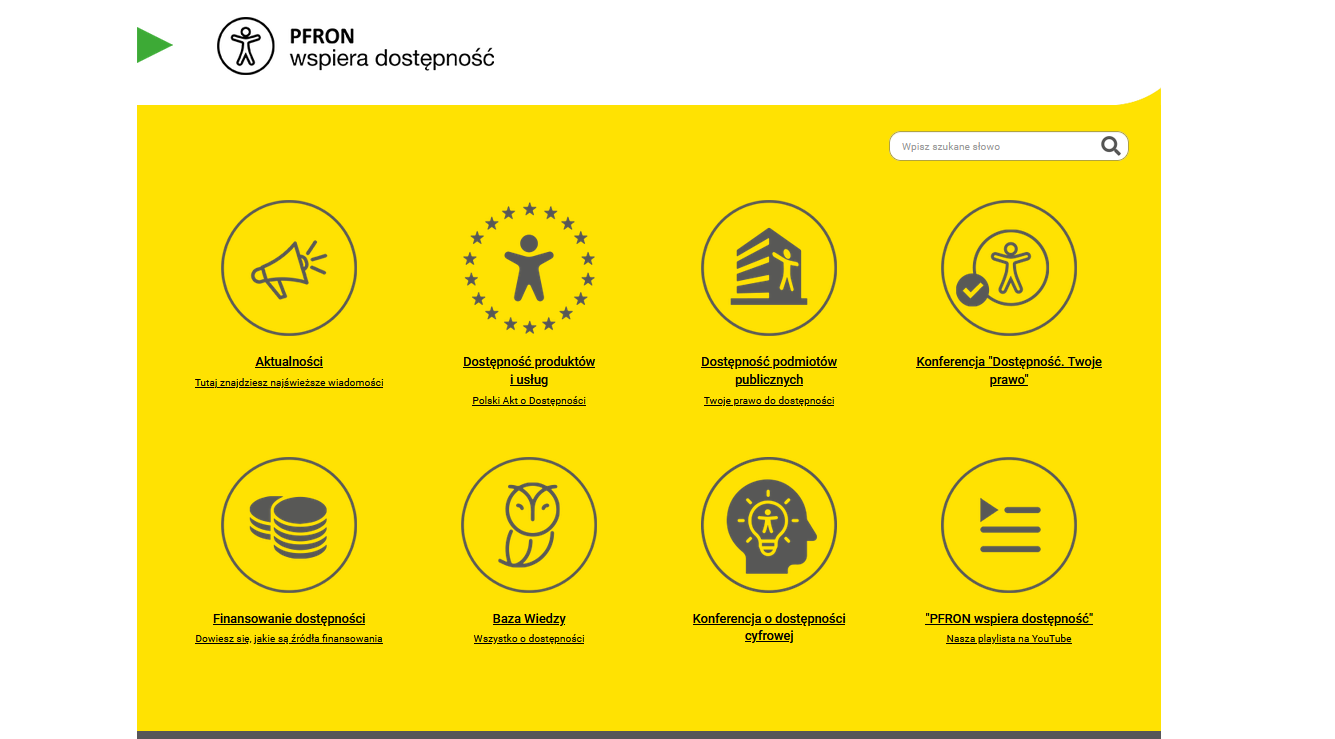 Zrzut ekranu komputera ze stroną PFRONU. Na górze zielona strzałka, logo dostępności i napis "PFRON wspiera dostępność". Pod spodem żółty prostokąt z czarnymi ikonami, które prowadzą do różnych obszarów strony.