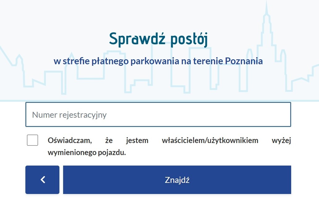 zrzut z ekranu z wyszukiwarką w której można sprawdzić czy zalega się z płatnościami za korzystanie ze strefy płatnego parkowania wpisując numer rejestracyjny pojazdu