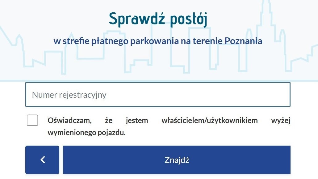 zrzut z ekranu z wyszukiwarką w której można sprawdzić czy zalega się z płatnościami za korzystanie ze strefy płatnego parkowania wpisując numer rejestracyjny pojazdu