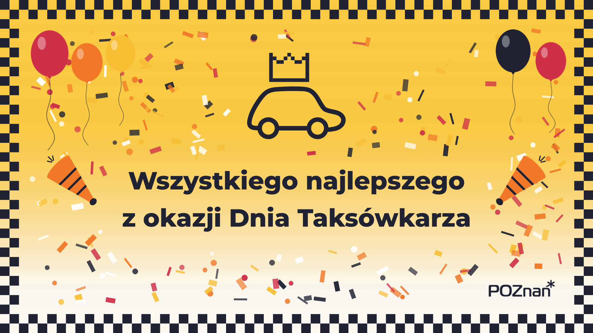 życzenia z okazji dnia taksówkarza, logo konkursu w tle lecą konfetti, balony