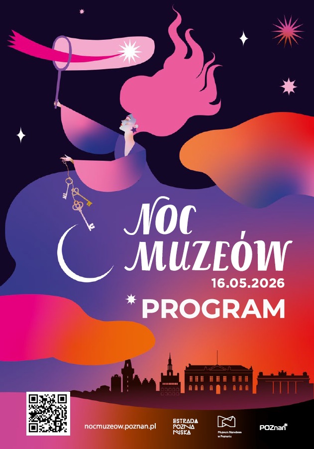 Grafika. Na fioletowejpostaci napis Noc Muzeów 16.05.2026. Program.
