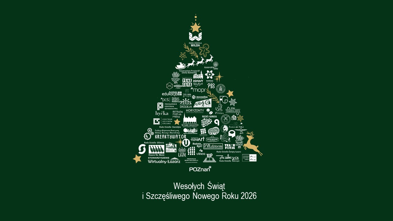 Grafika. Na zielonym tle grafika choinki stworzona z napisów i rysunków. Pod nią napis Wesołych Świąt i Szczęśliwego Nowego Roku 2026