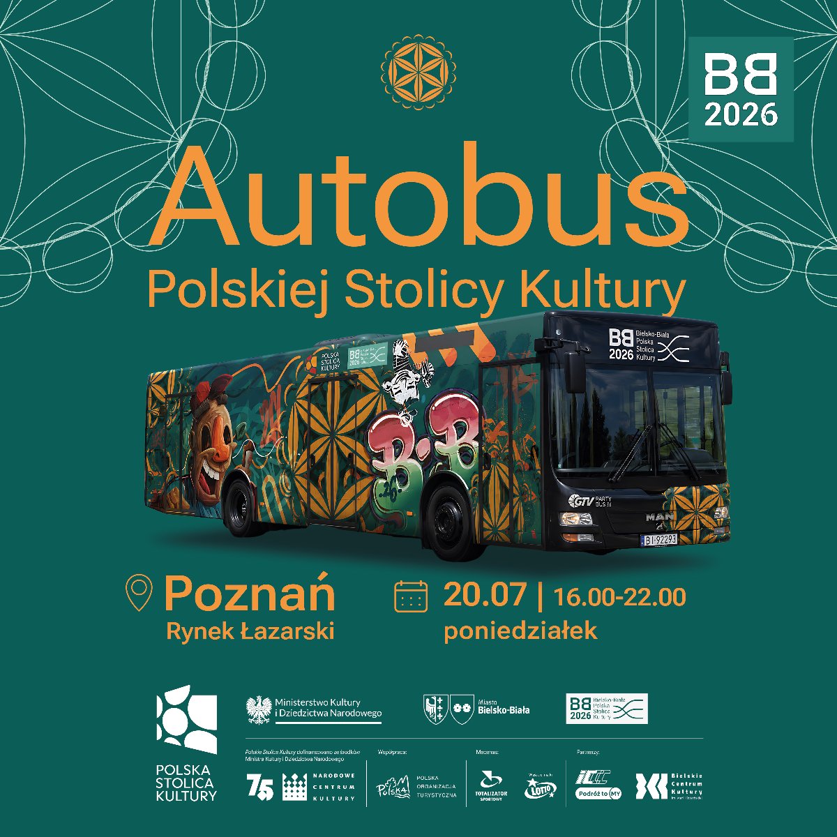 Grafika. Na zielonym tle kolorowy autobus i napis "Autobus Polskiej Stolicy Kultury" Reszta szczegółów taka sama jak w tekście.