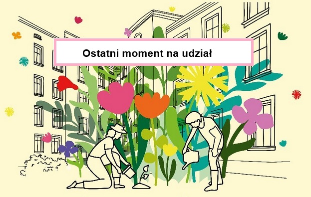 Grafika. na żółtym tle widnieje zielony napis: Odmień swoje podwórko. Pod nim znajduje się szkic postaci ludzkich na tel zarysu konienic.