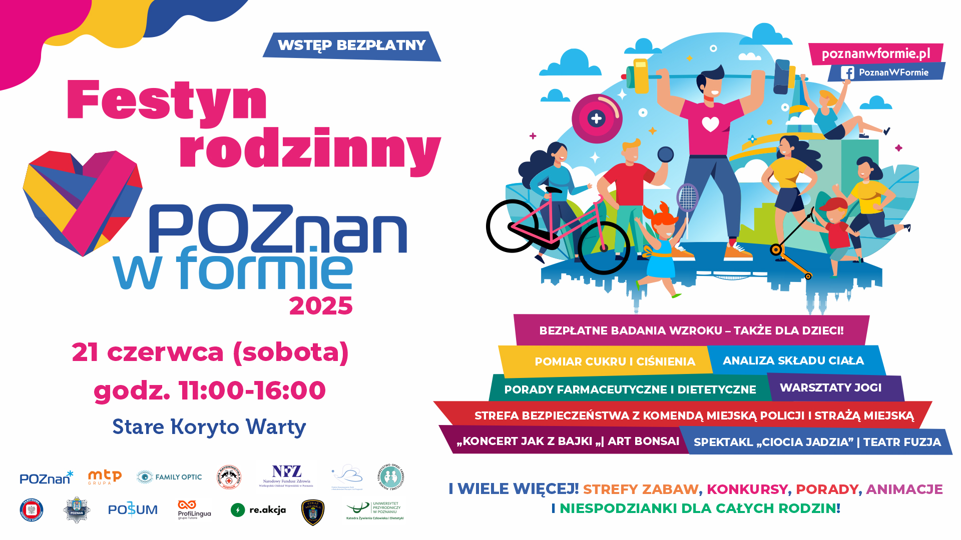 Grafika przedstawia logo wydarzenia "Poznań w formie", czyli kolorowe serce złożone z linii oraz niebieski napis "Poznań w formie"