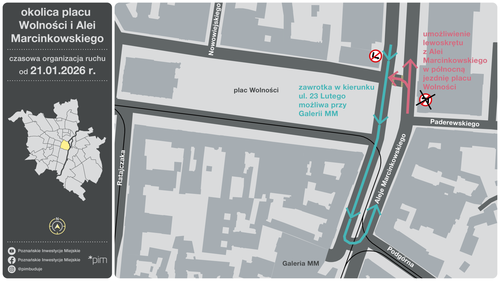 Grafika przedstawia mapkę z wyrysowanymi ulicami orazująca opisany w tekście objazd przy Alejach Marcinkowskiego.