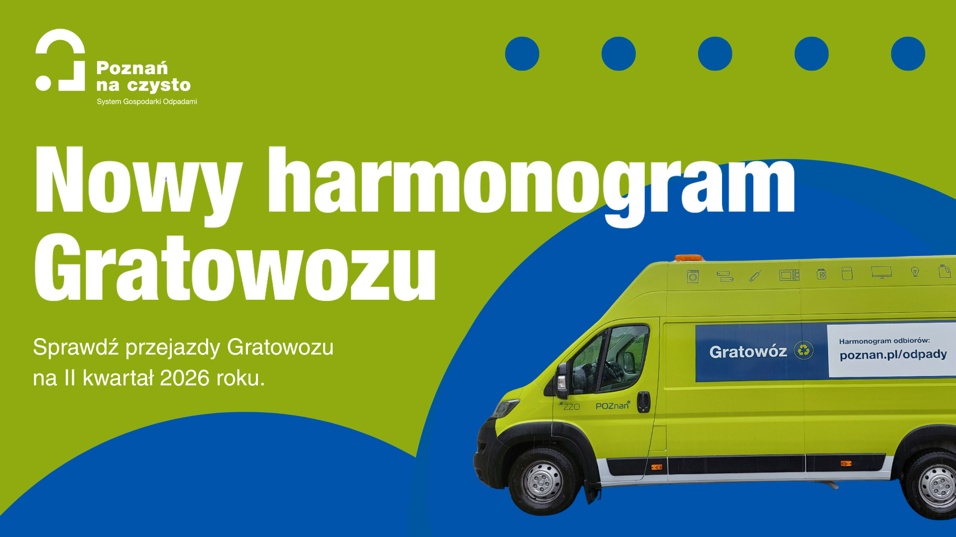 Grafika przedstawia treść "Nowy harmonogram Gratowozu" oraz zdjęcie specjalnie oznakowanego samochodu