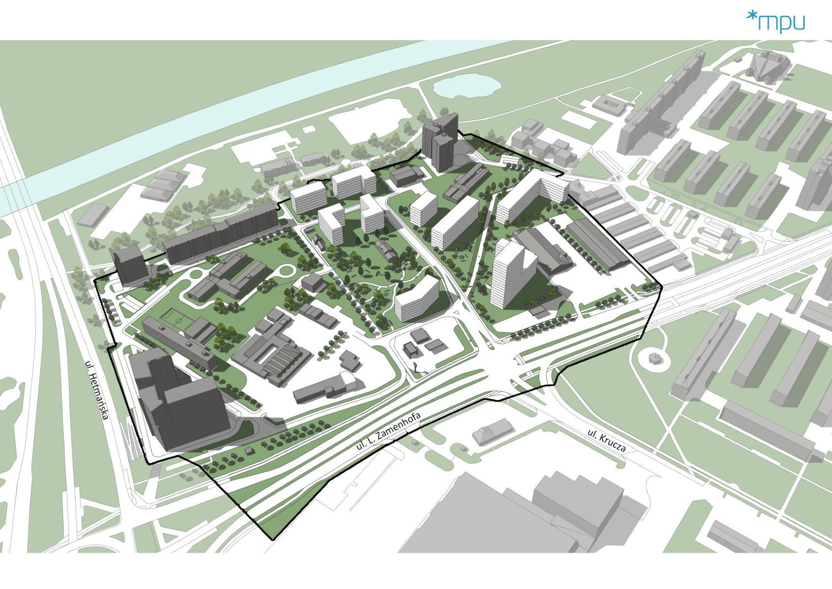 Grafika przedstawia trójwymiarową makietę urbanistyczną (koncepcję zagospodarowania przestrzennego) obszaru w Poznaniu, ograniczonego czarną linią. Na rysunku widoczne są m.in. ulica Hetmańska, ulica L. Zamenhofa oraz ulica Krucza, a w prawym górnym rogu znajduje się logo Miejskiej Pracowni Urbanistycznej (*mpu).