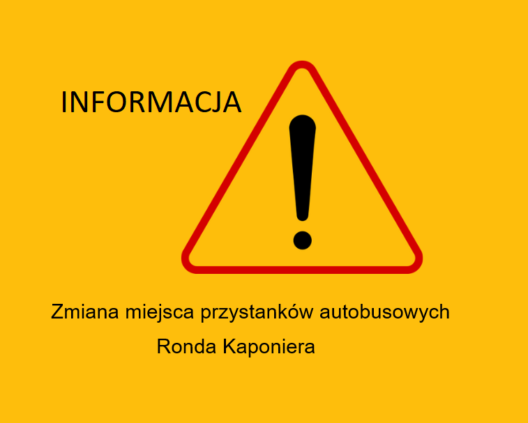 Grafika ze znakiem drogowym. Znak ostrzegawczy A-30. Obok niego napis Informacja oraz zdanie Zmiana miejsca przstanków autobusowych Ronda Kaponiera.