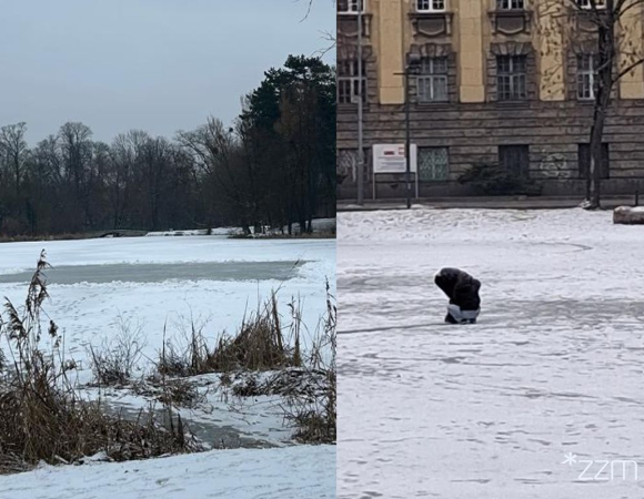 Ludzie wchodzący na zamarznięty staw