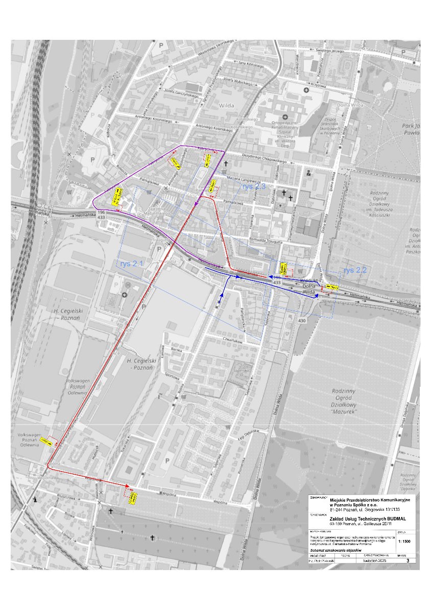 Mapa pokazująca objazdy remontowanego skrzyżowania