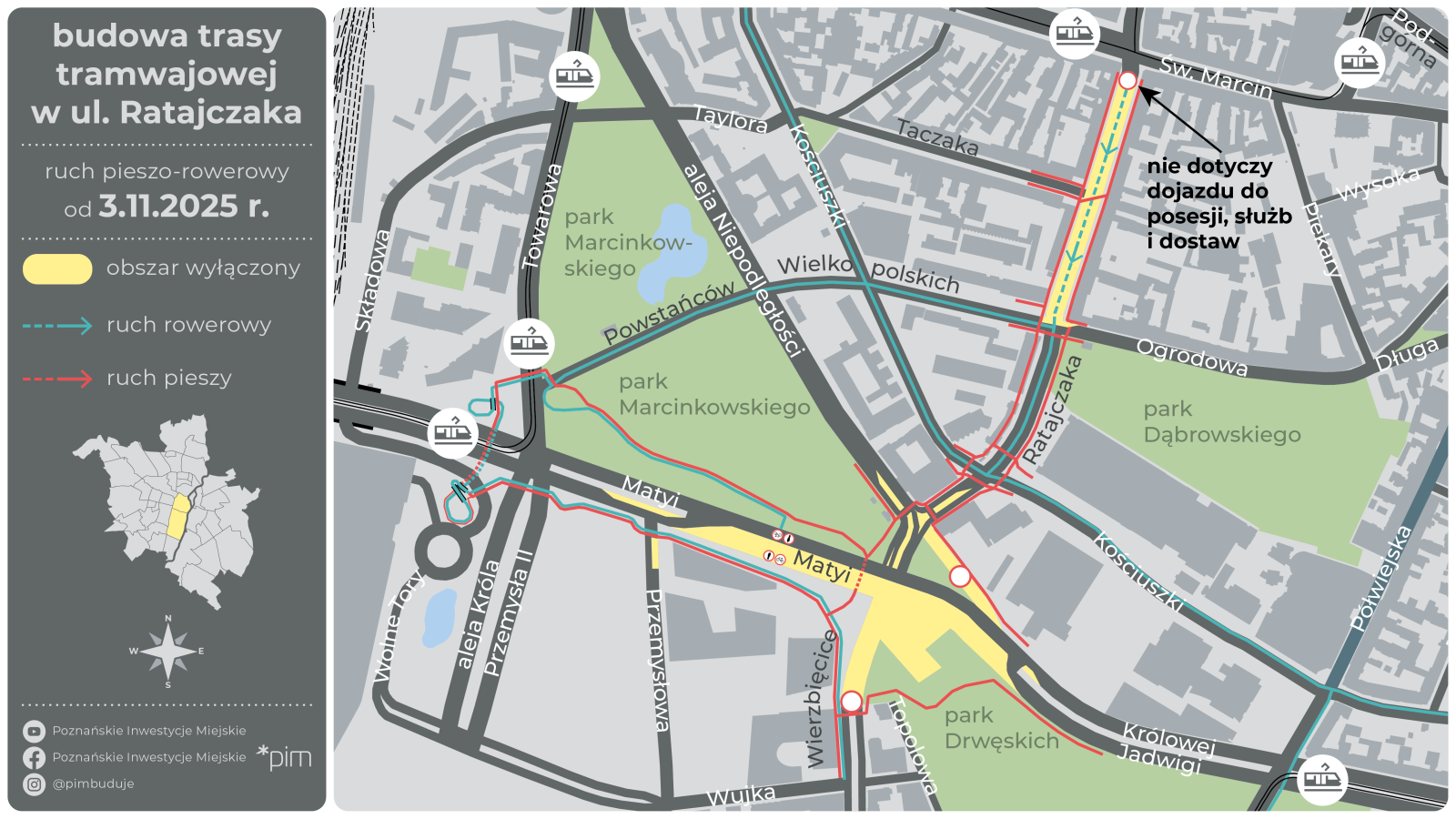 Mapa prezentujaca organizacje ruchu w związku z budową tramwaju na Ratajczaka