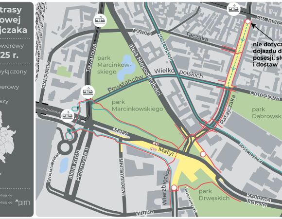 Mapa prezentujaca organizacje ruchu w związku z budową tramwaju na Ratajczaka