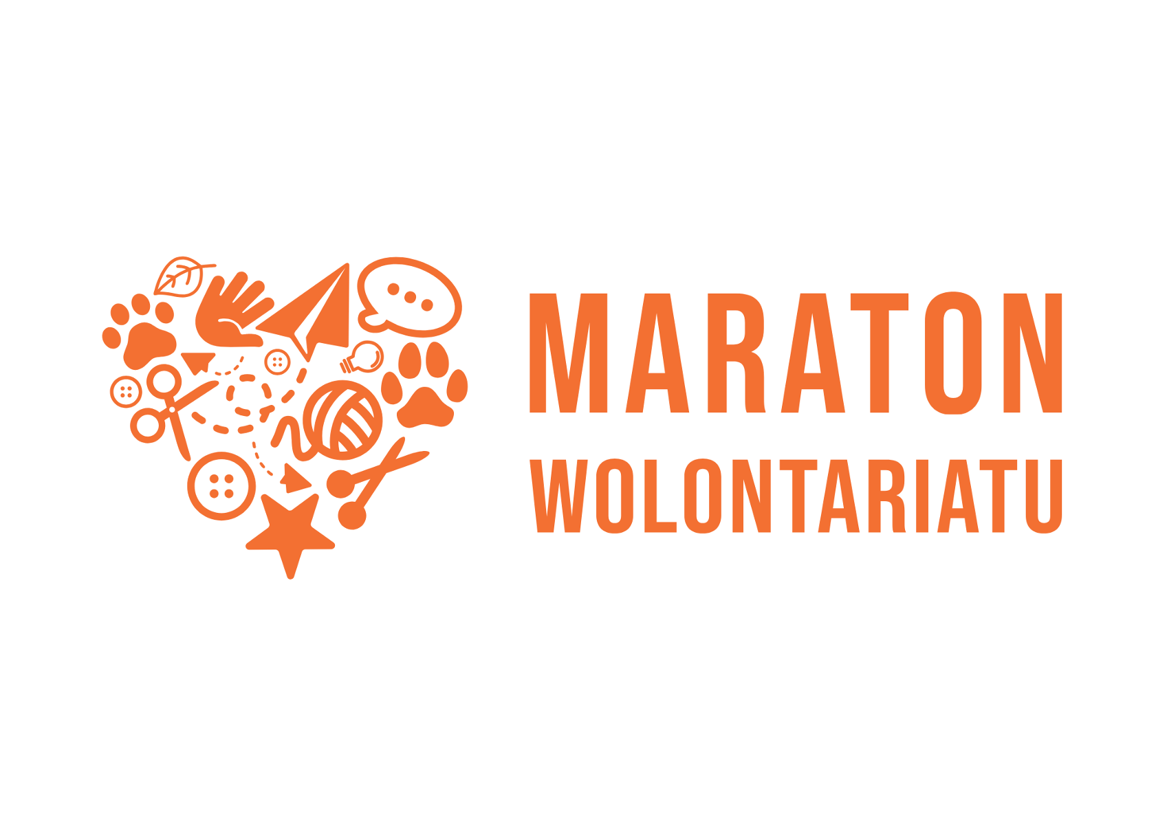 Na zdjęciu po lewej stronie znajduje się serce, a po prawej stronie napis "Maraton Wolontariatu". Elemnty są w kolorze pomarańczowym na białym tle.