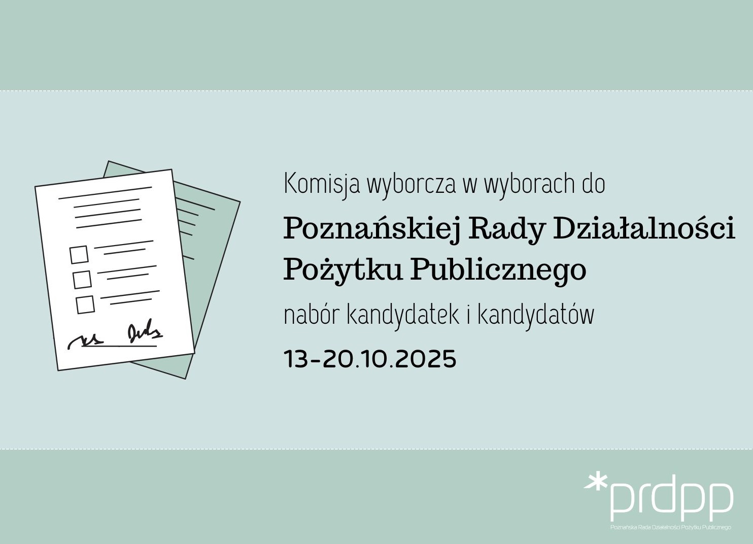 Obrazek przedstawia kartkę z długopisem oraz napis: Komisja wyborcza w wyborach do Poznańskiej Rady Działalności Pożytku Publicznego nabór kandydatek i kandydatów 13-20.10.2025.