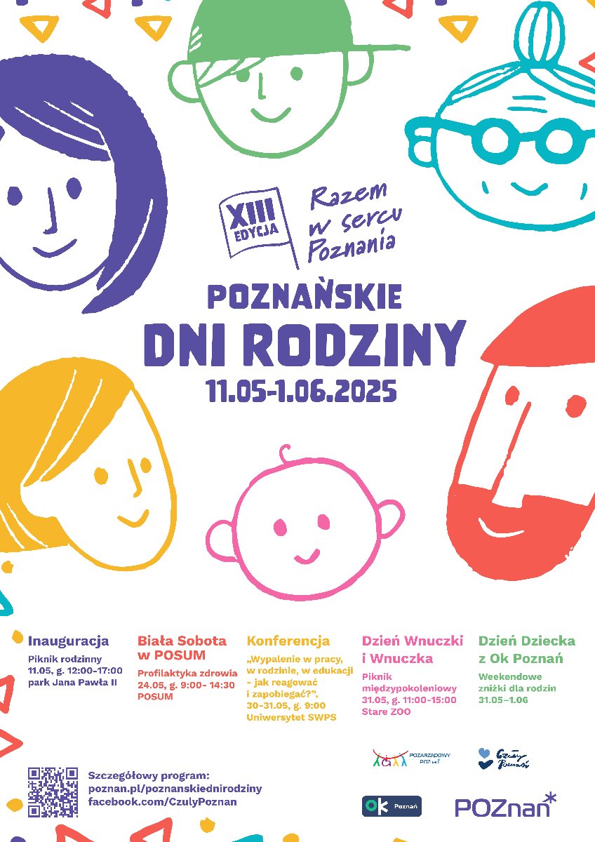 Plakat poznanskich dni rodziny z narysowanymi buziami i informacjami co gdzie kiedy