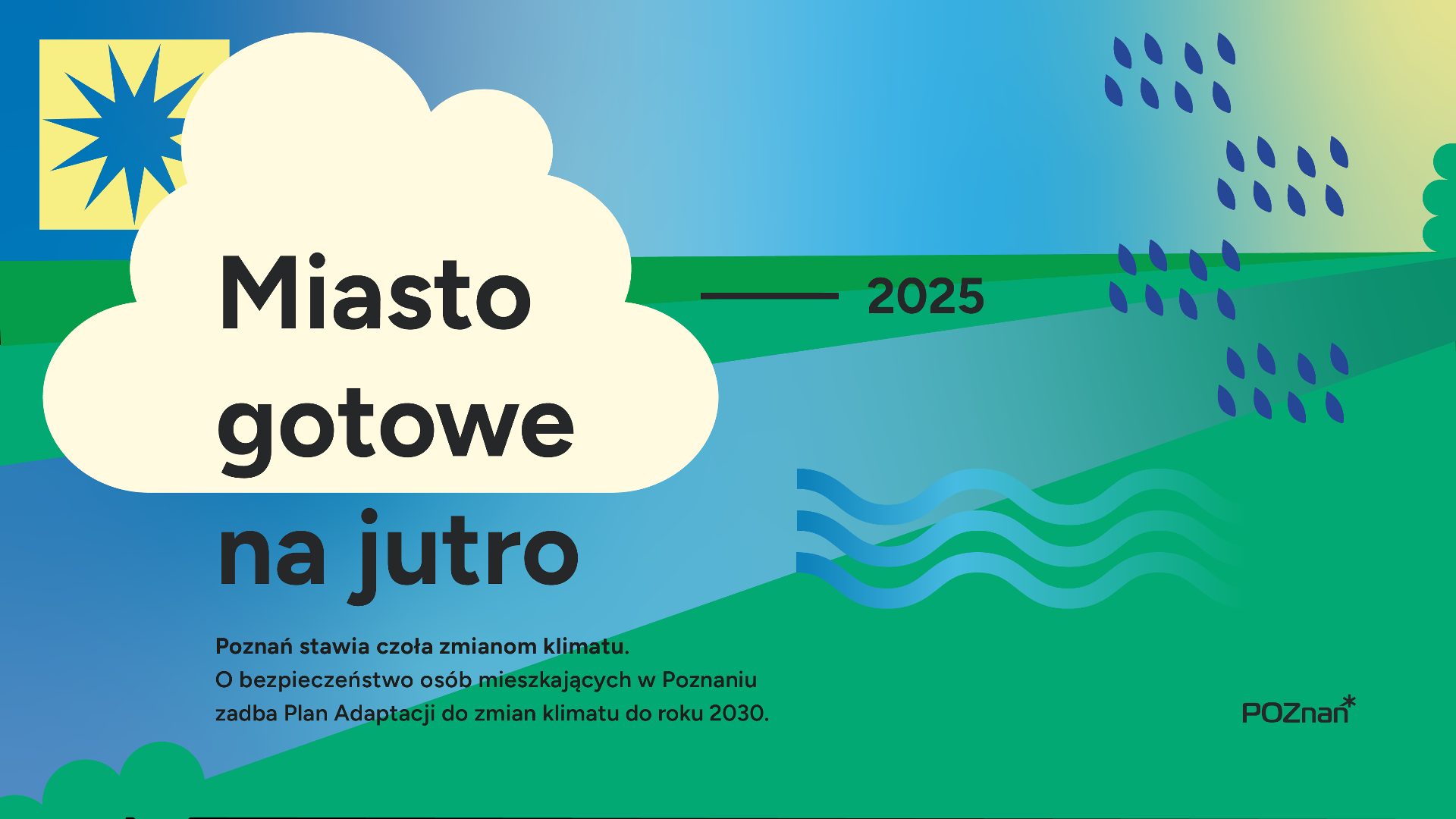 Plakat promujący wiedzę o Miejskim Planie Adaptacji do zmian klimatu z hasłem "Miasto gotowe na jutro"