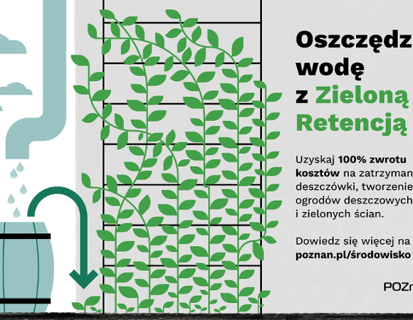 Plakat z grafiką: deszcz kapiący z rynny do zbiornika na deszczówkę, zielone rośliny pnące.