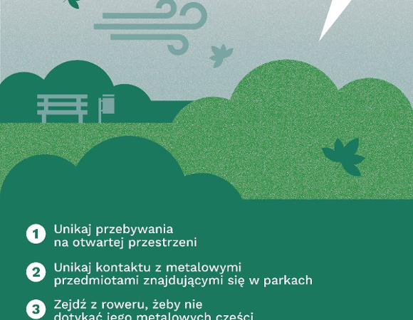 Plakat z informacjami jak zachować się w trakcie burzy będąc w parku miejskim