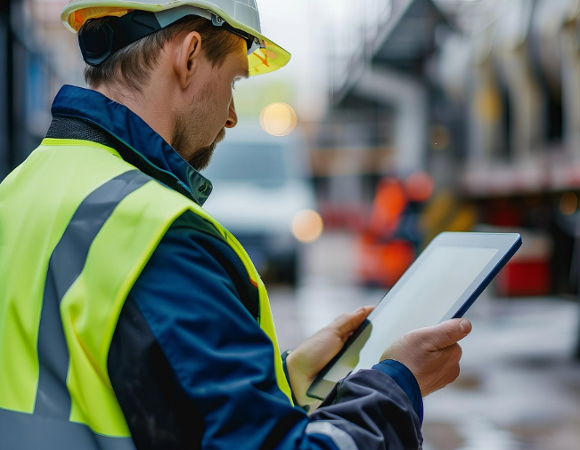 pracownik w kamizelce odblaskowej z kaskiem przeglądający projekt