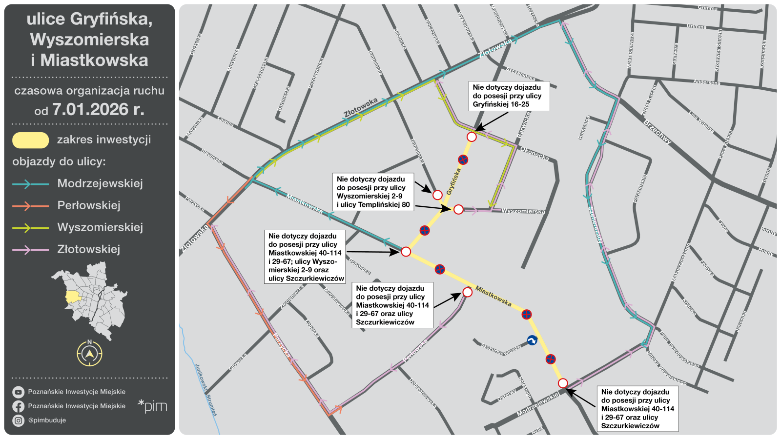 Schemat pokazujący opisane w tekście czasowe zmiany organizacji ruchu w rejonie ul. Gryfińskiej, Wyszomierskiej i Miastkowskiej