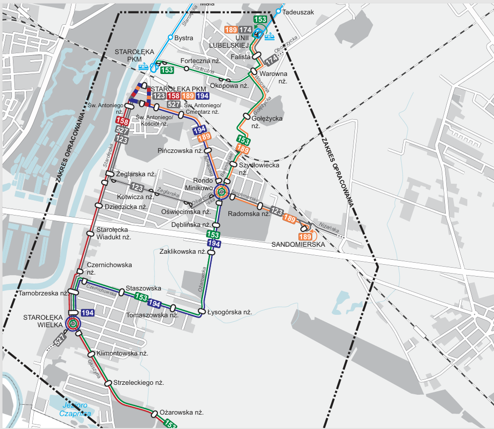 Schemat tras autobusów w rejonie Starołęki, Minikowa i Głuszyny